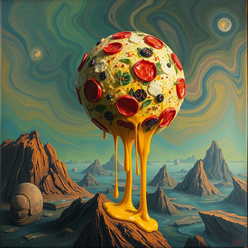 Surreal Pizza Planet in Dreamlike Landscape