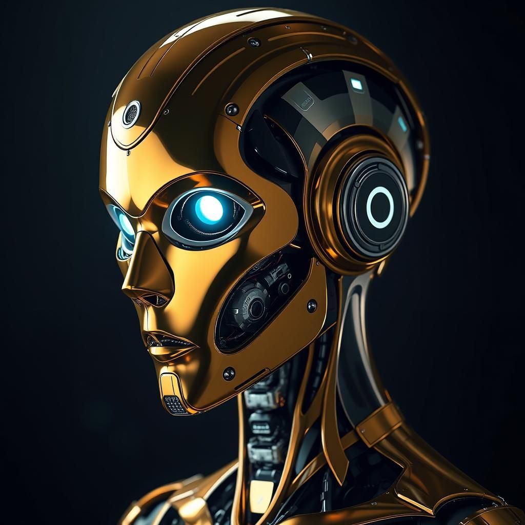 Futuristic AI Android with Golden Metallic Head