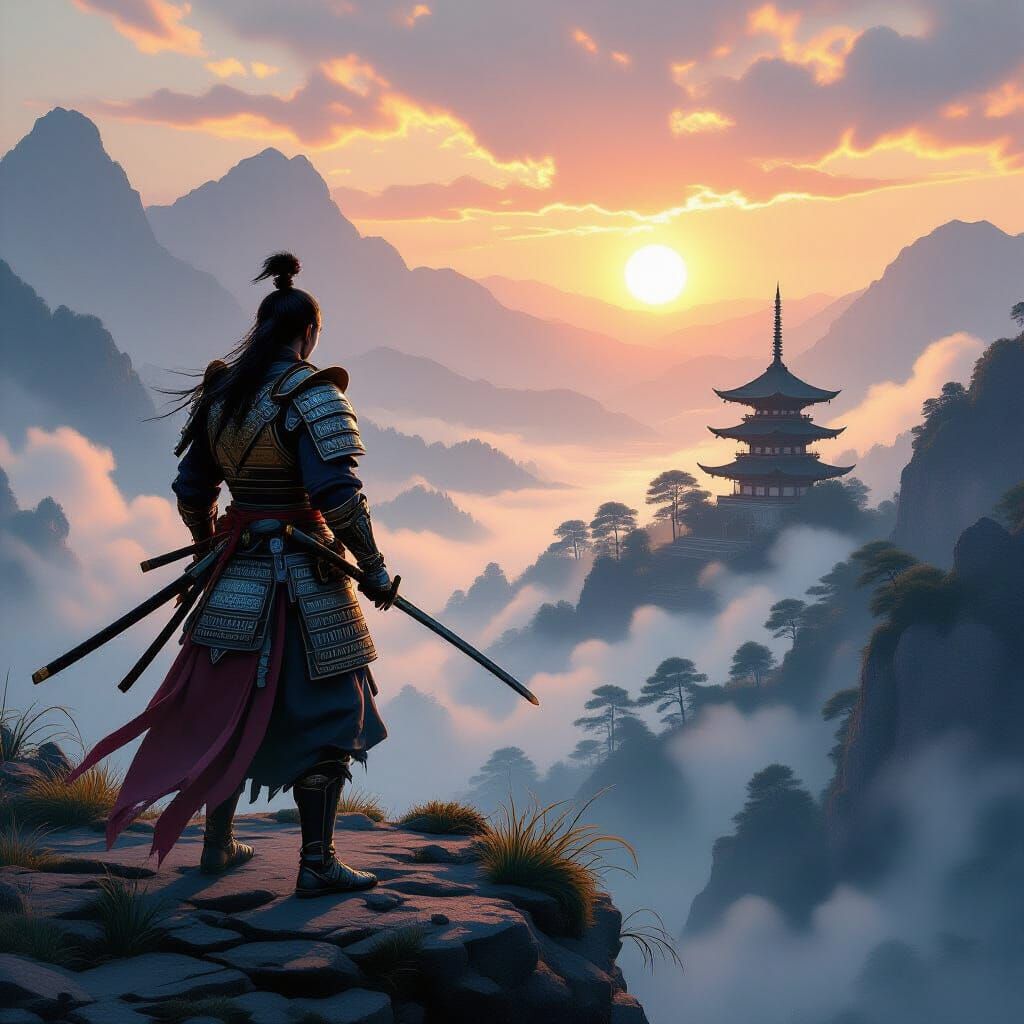 Samurai Warrior on Cliff Overlooking Misty Valley at Sunrise