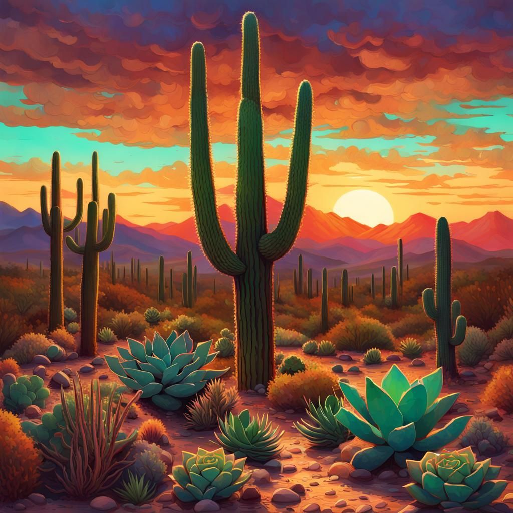 Saguaro Sunset in Alien Landscape: Cinematic Photo