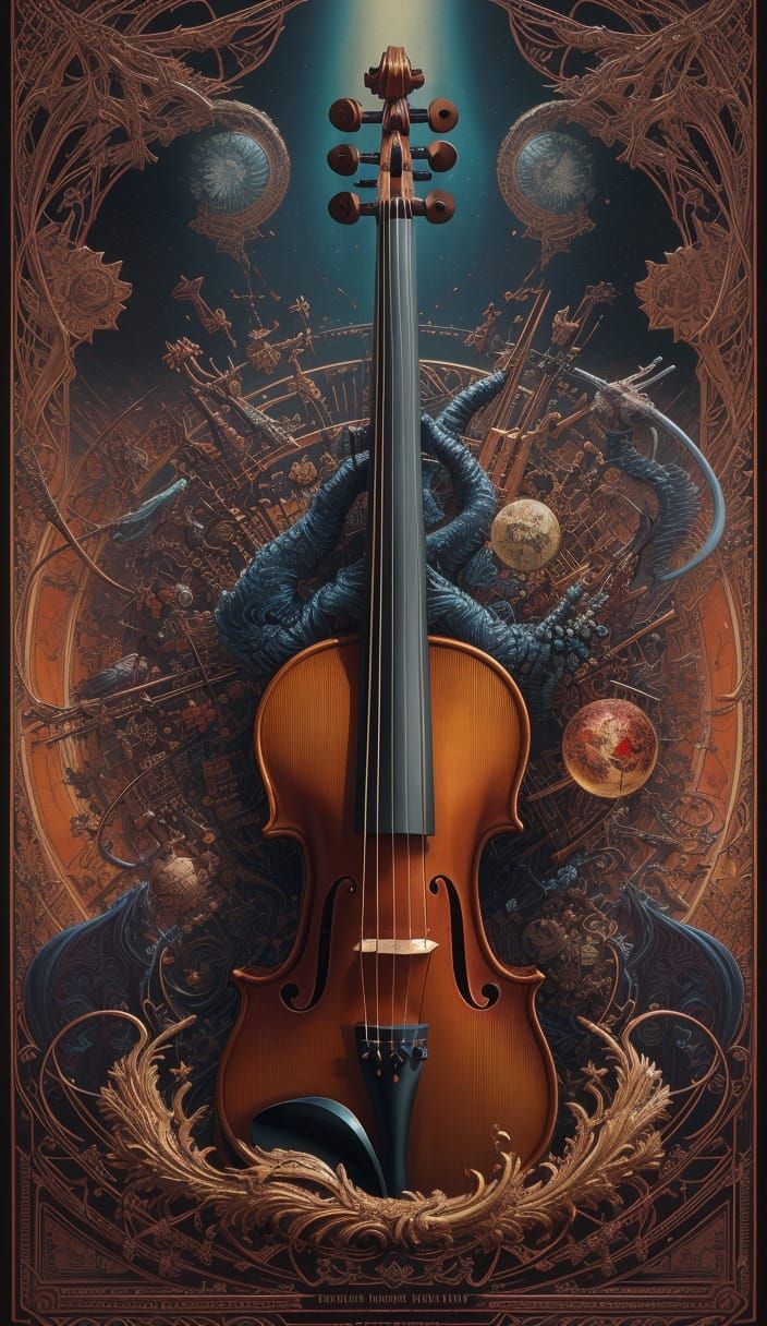 Detailed Violin in Red Case, Digital Art