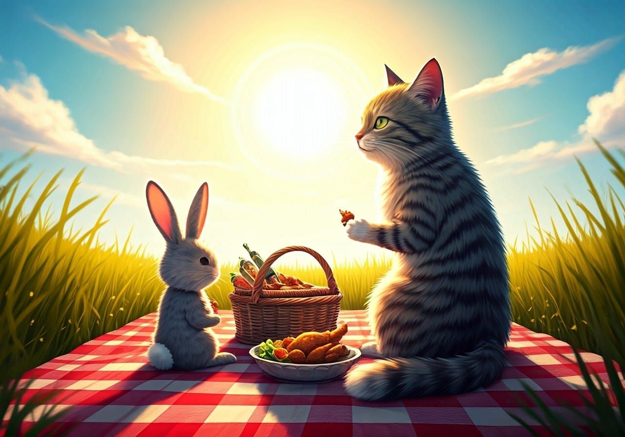 Cute Cartoon Picnic Scene in Vibrant Colors
