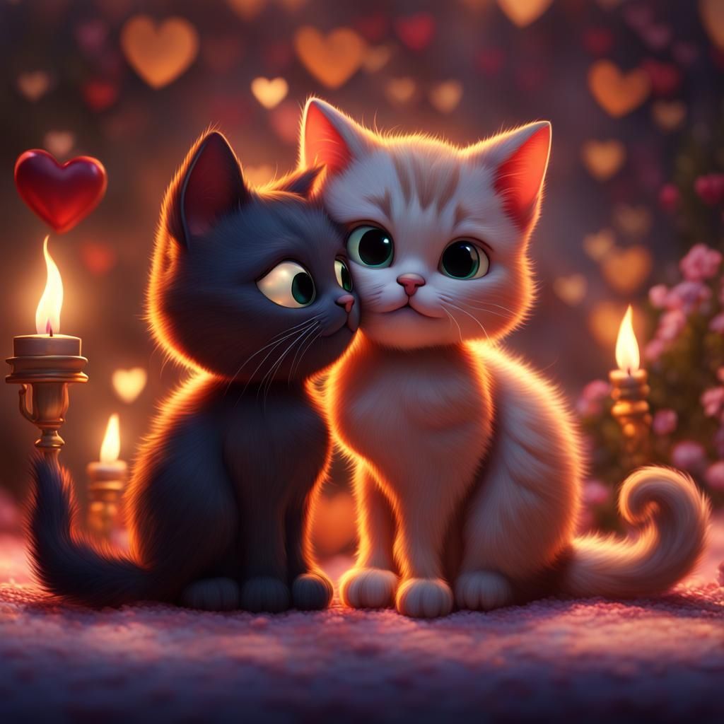 Cats' Candlelit Dinner in Pixar Chibi Style