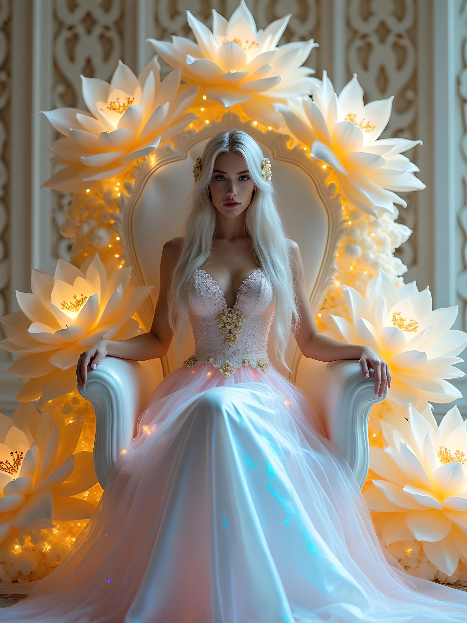 Futuristic Flower Queen on Golden Lotus Throne