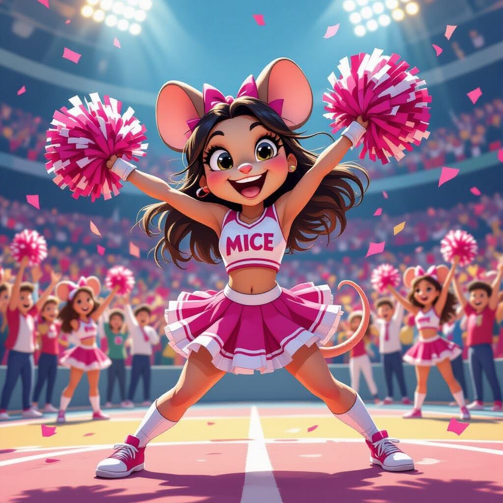 Mischievous Mice Cheerleader in Pixar-Style Art