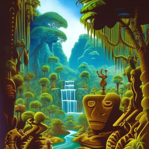 Jungle River Petroglyphs with Distant Waterfalls