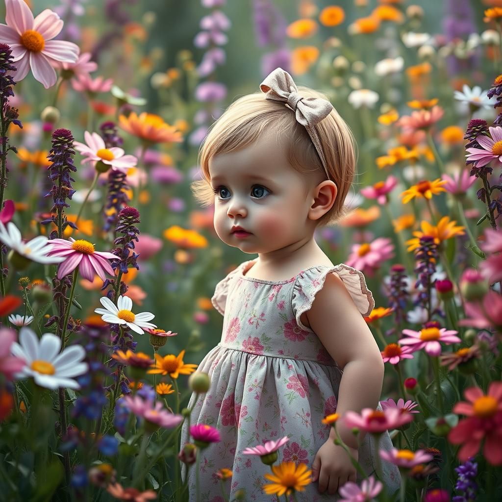 Baby Girl in Lush Garden, Detailed Matte Painting