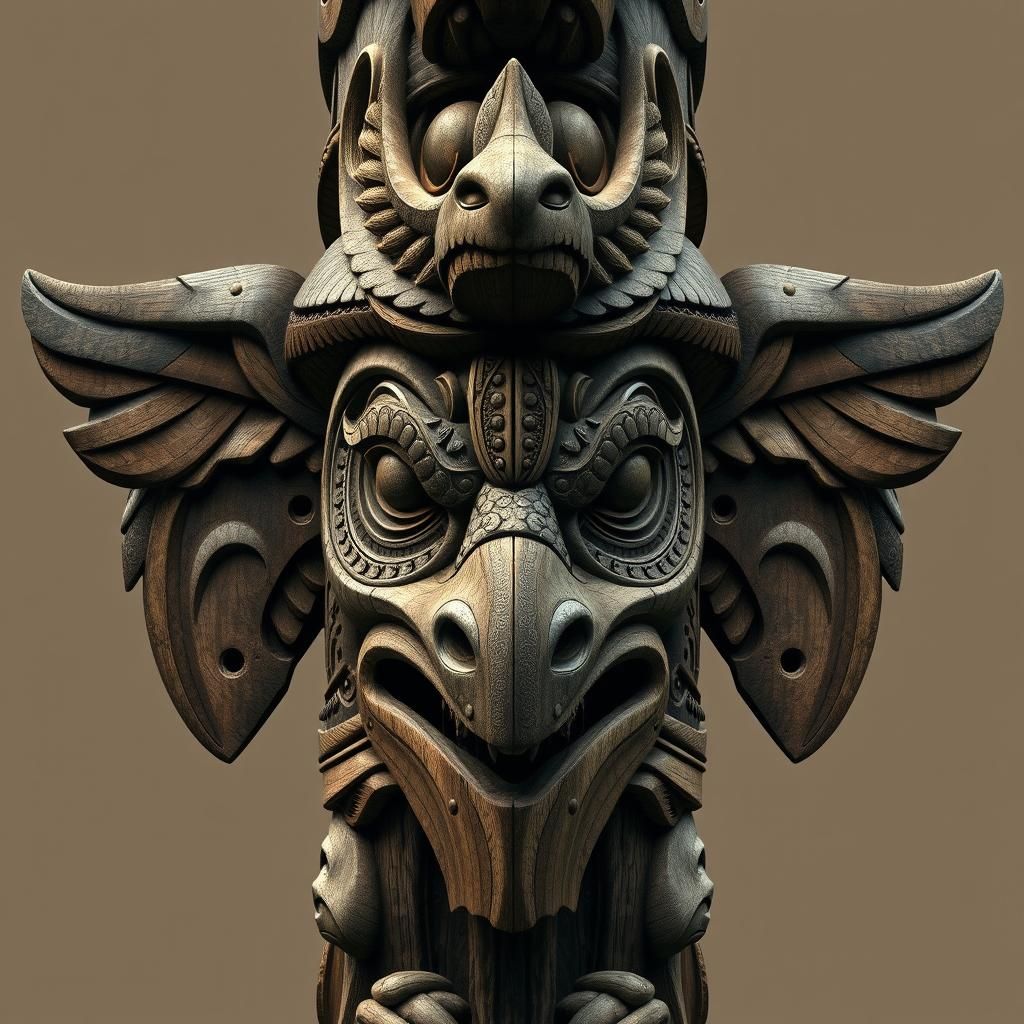 Digital Wooden Totem Pole with Wildlife Faces