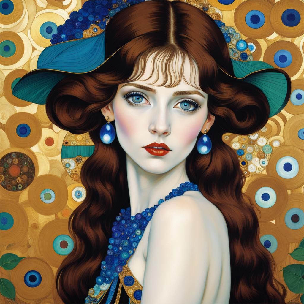 Beautiful Woman with Blue Eyes in Klimt Style