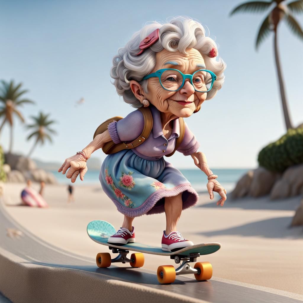 Cartoon Granny Rides Skateboard by the Beach