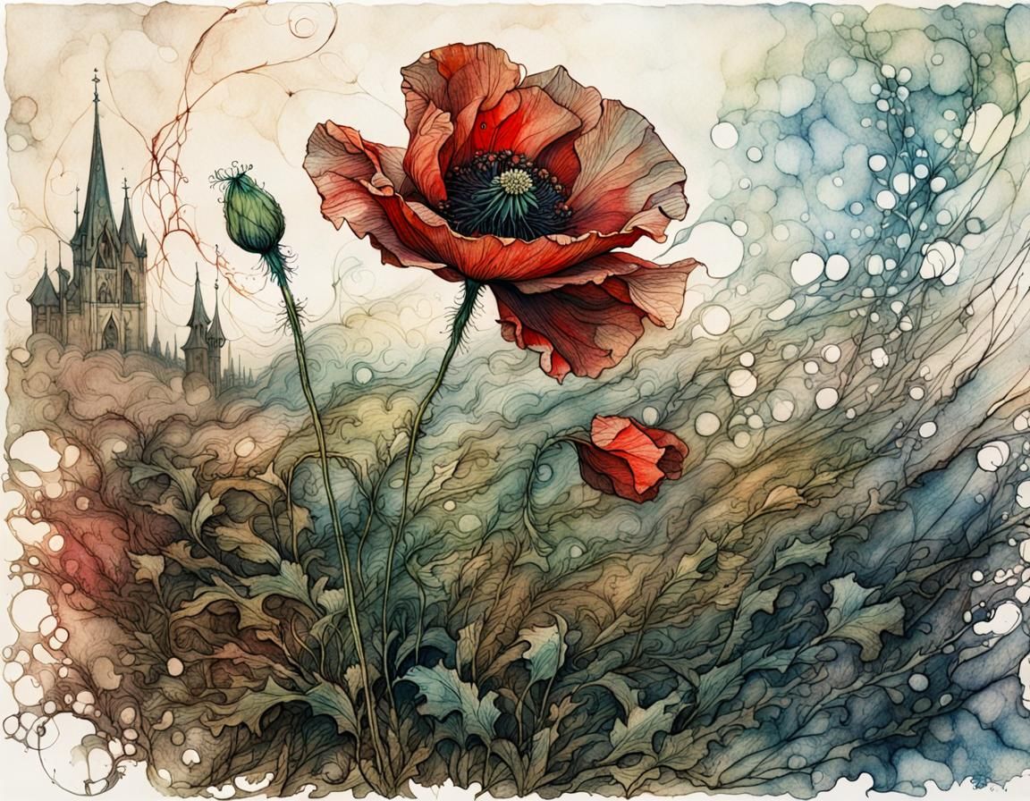 Medieval Poppy Blossom, Detailed Illustration