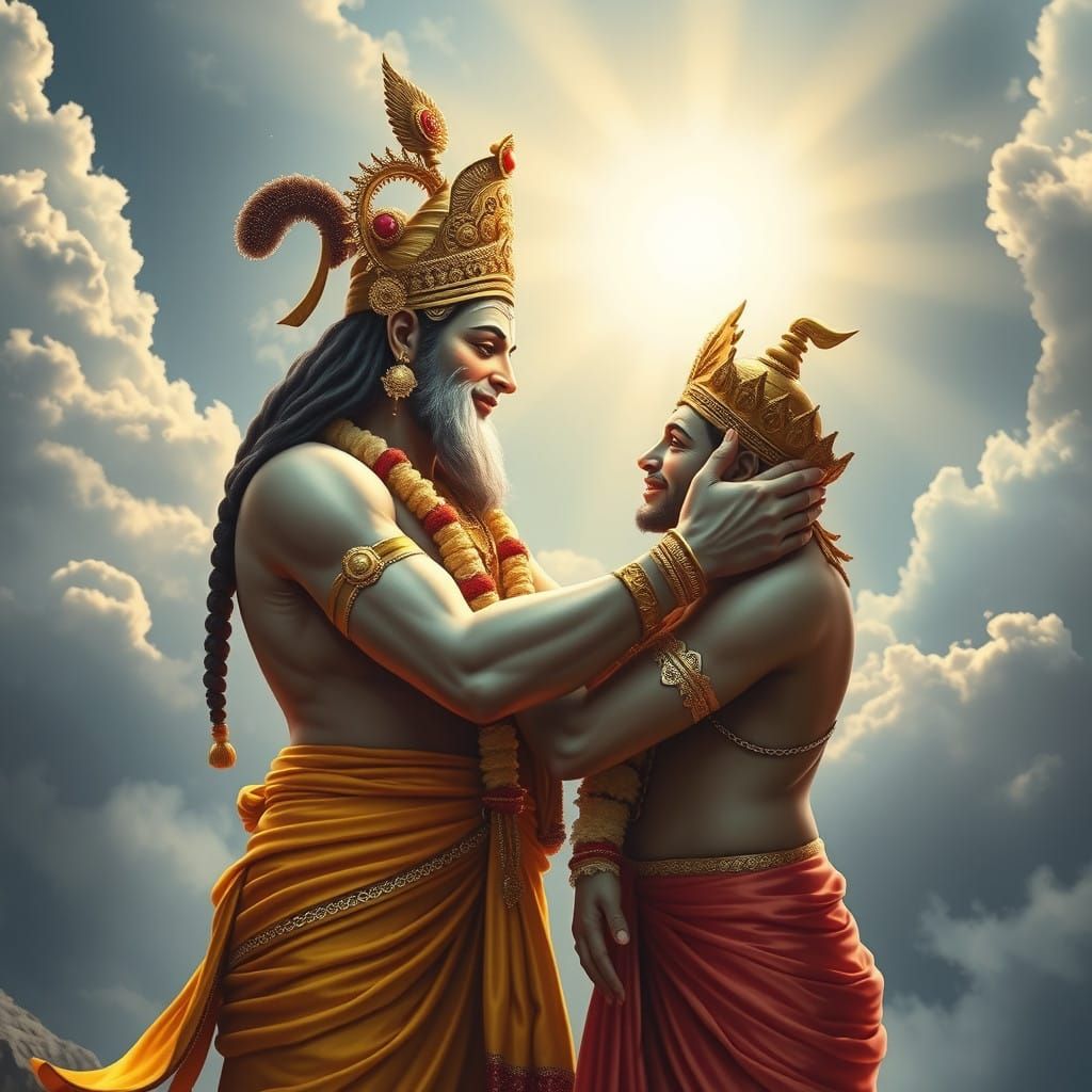Hanuman and Lord Rama in a Heartfelt Embrace