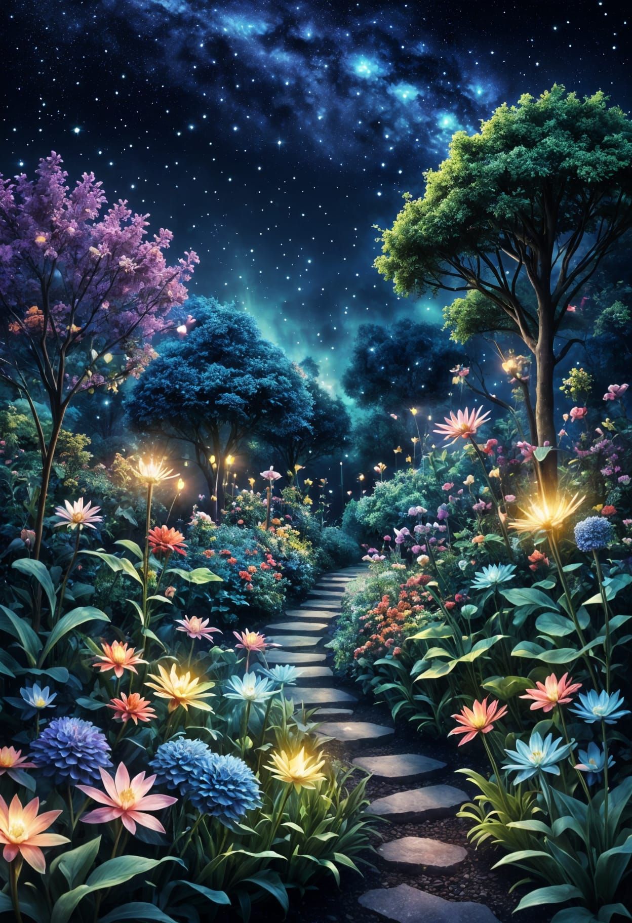 Magical Galaxy Garden Blooms Under Starry Night Sky