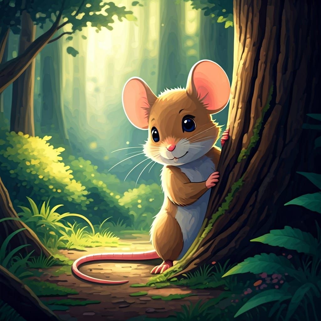 Shy Mouse in Whimsical Forest, Kawaii Anime Style