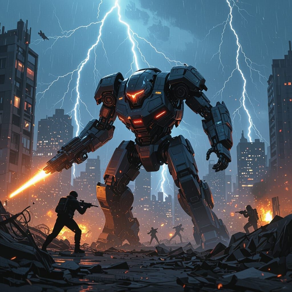 Mechanoid Warrior Battles in Cyberpunk Cityscape