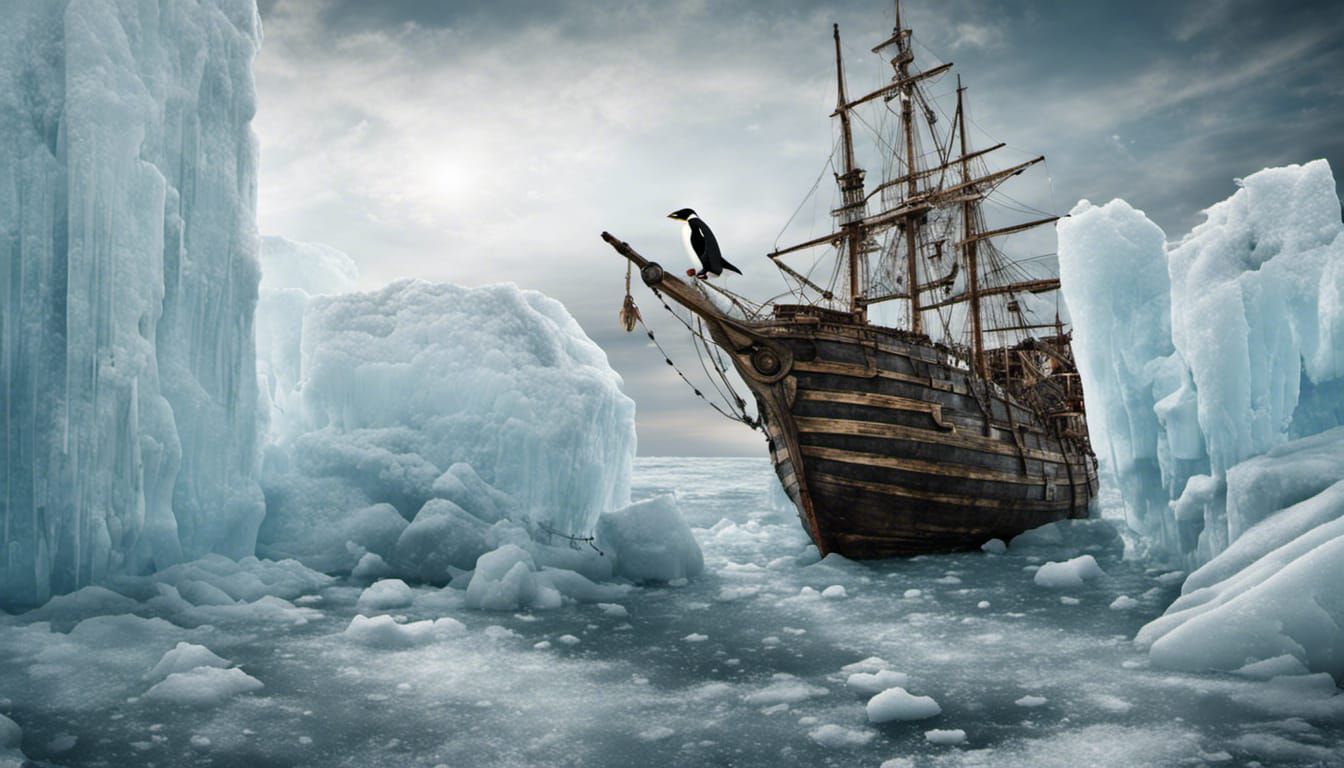 Pirate Penguin Guarding Treasure on Frozen Ship