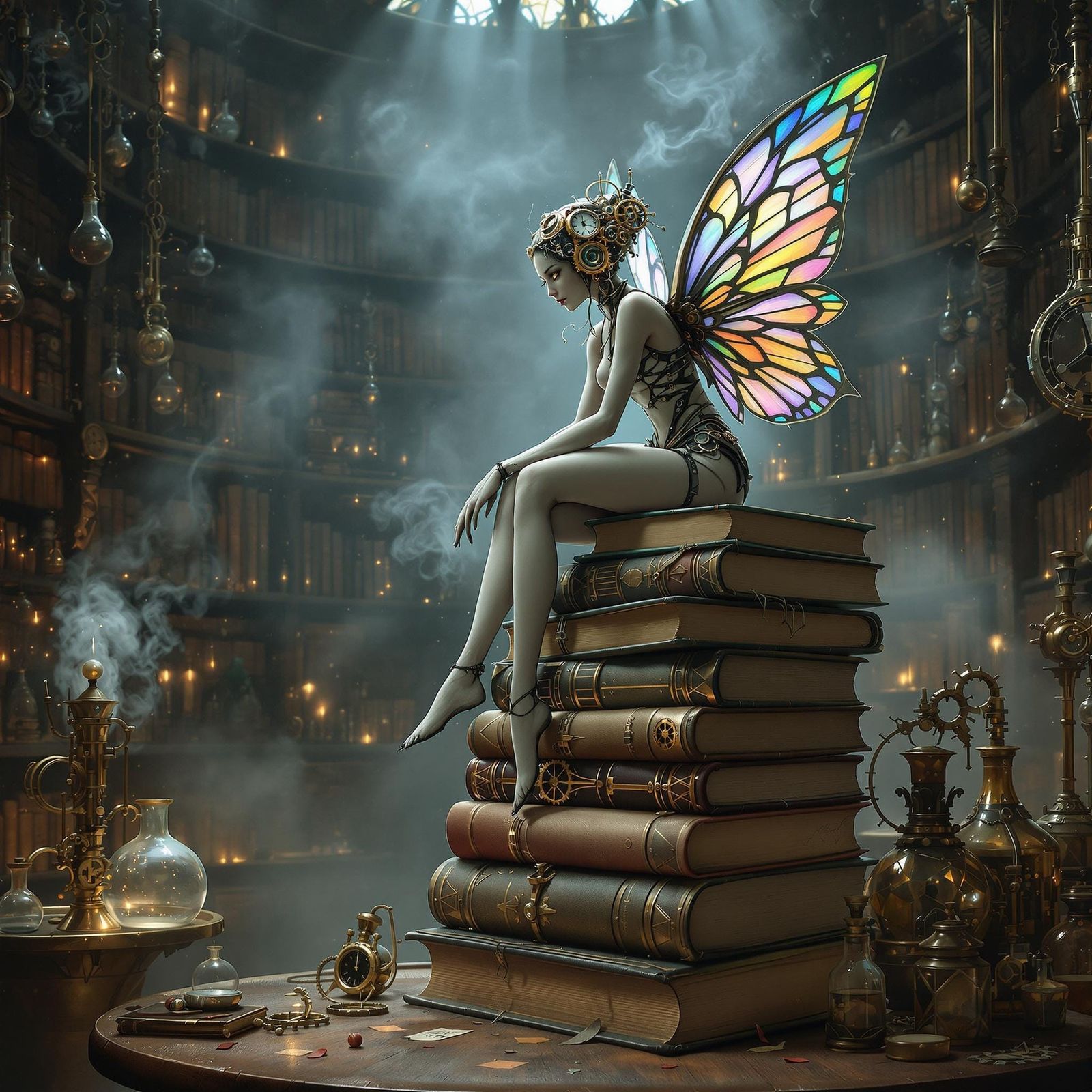 Steampunk Automaton Fairy in a Gothic Library