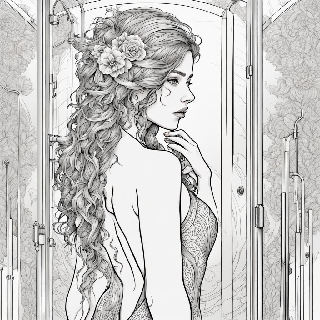 Girl Showering: Mandala Style Coloring Page Outline