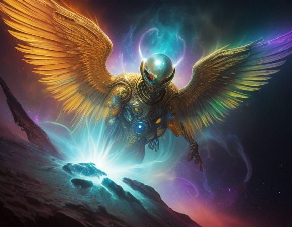 Cosmic Angel Emerges from Nebula in Vivid Oil Painting