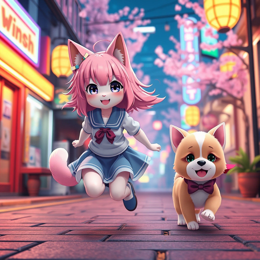 Anime Catgirl and Puppy Chase in Dreamlike Japanese Street