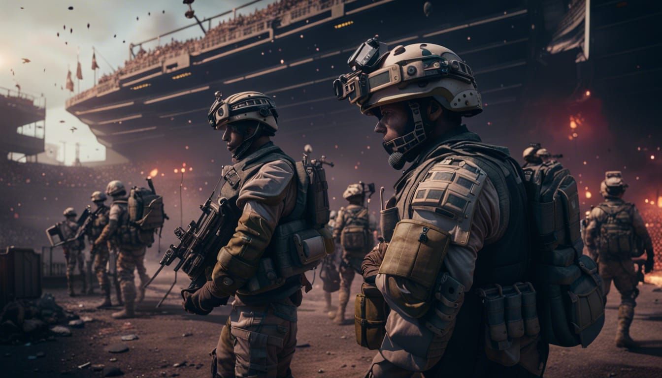 Modern Army Battalion in Stadium: Detailed Matte Painting