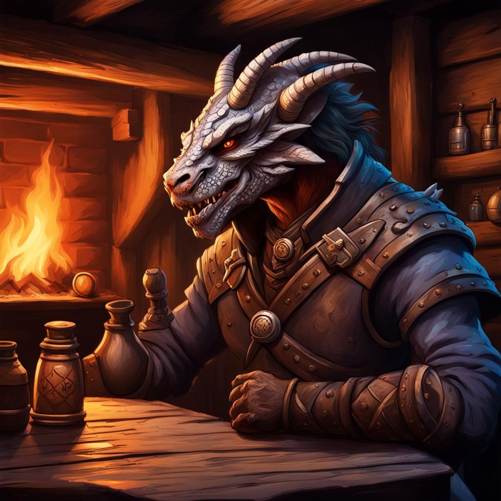 Dragonborn Hunter in a Tavern: Hyperrealistic Concept Art