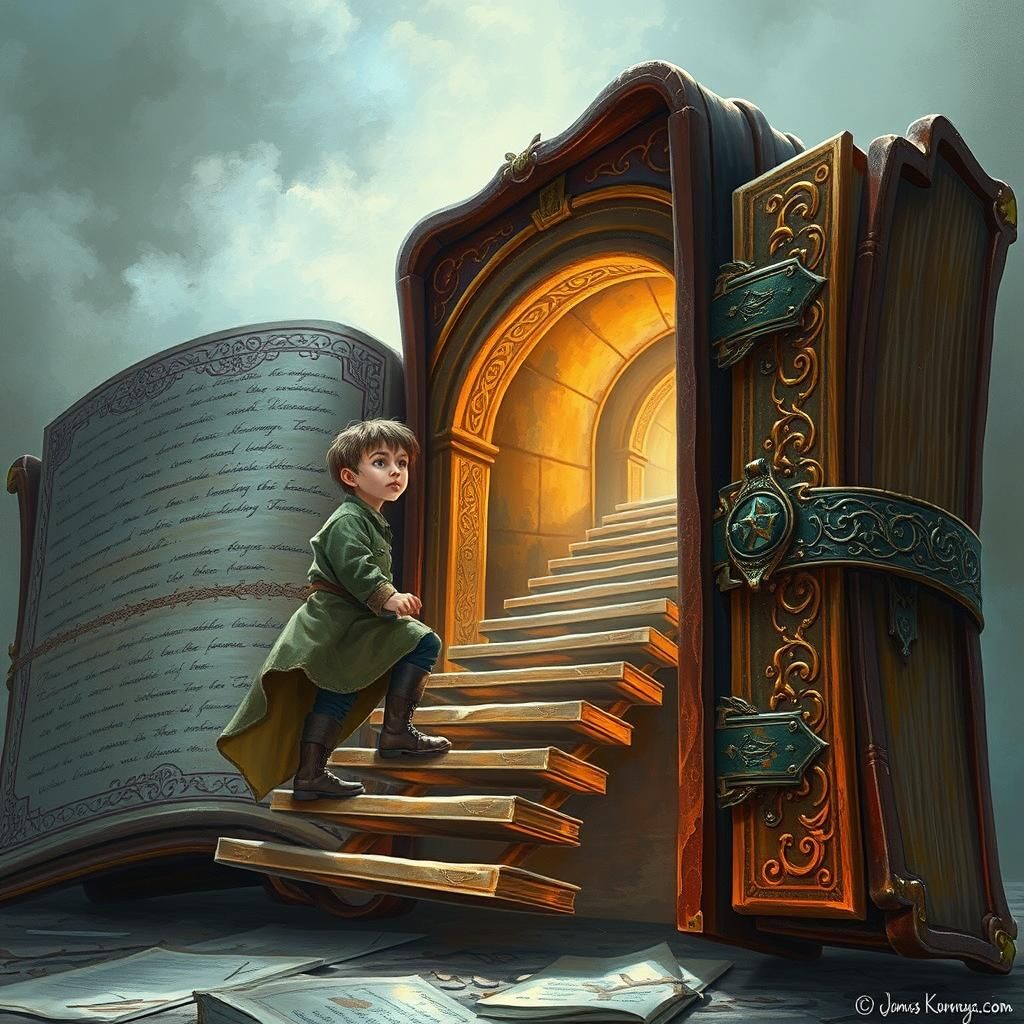 Boy Ascends Staircase Inside Gigantic Book