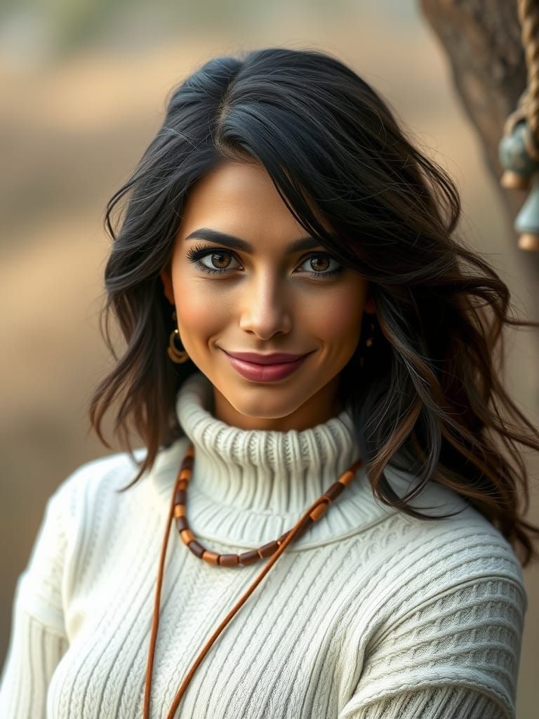 Hyperrealistic Portrait of Brunette Woman with Coy Smile