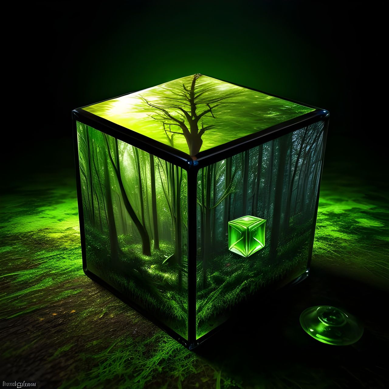 Hyperrealistic Glass Cube in Eerie Green Forest