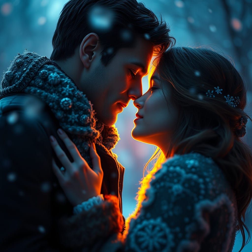 Ethereal Winter Kiss in Mystical Realism Style
