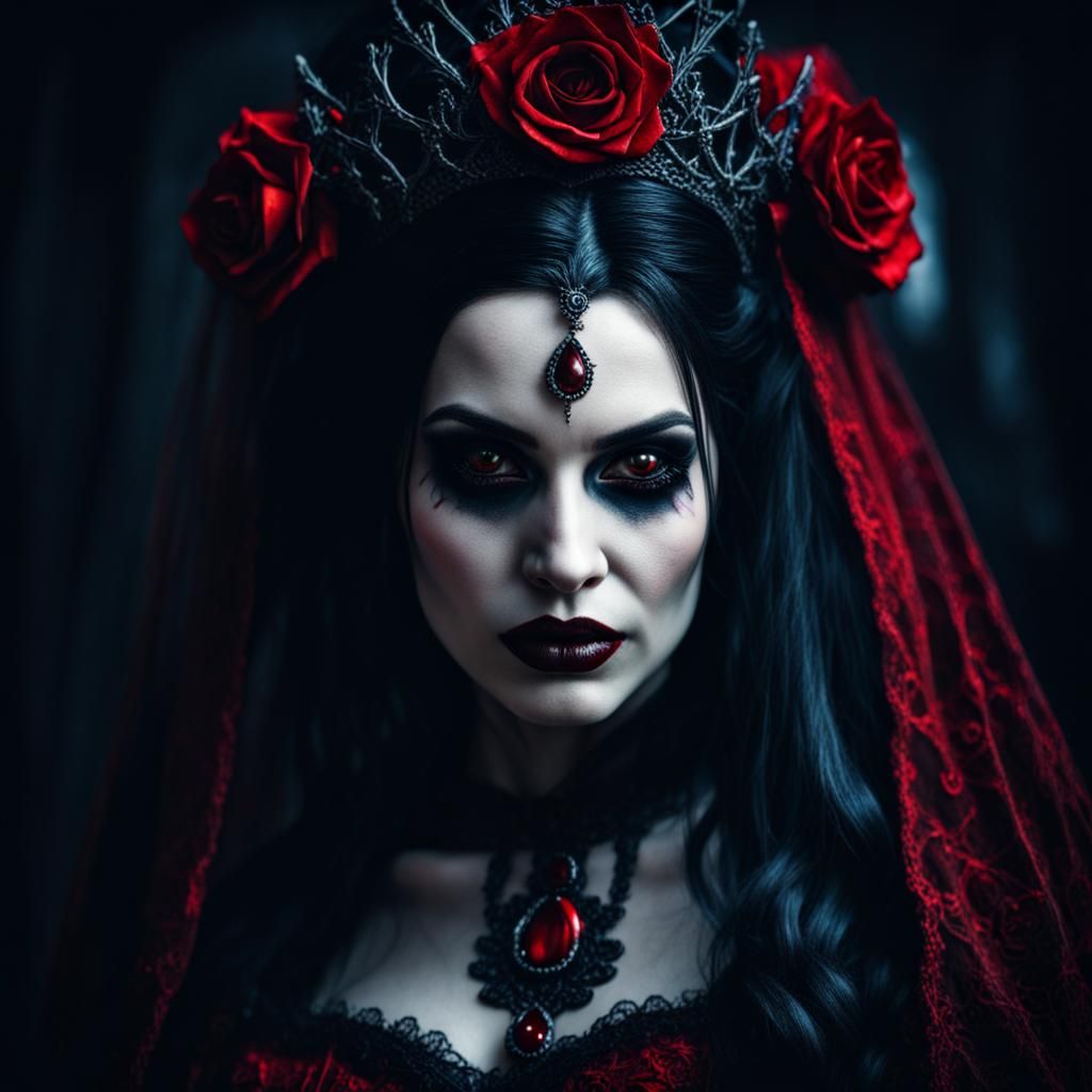 Gothic Vampire Bride in Hyperrealistic Halloween Scene
