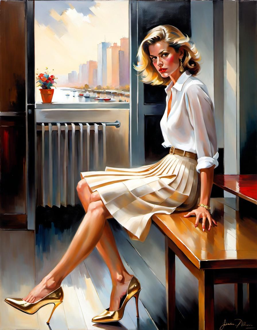 Elegant Woman in Pleated Skirt: Oil Painting