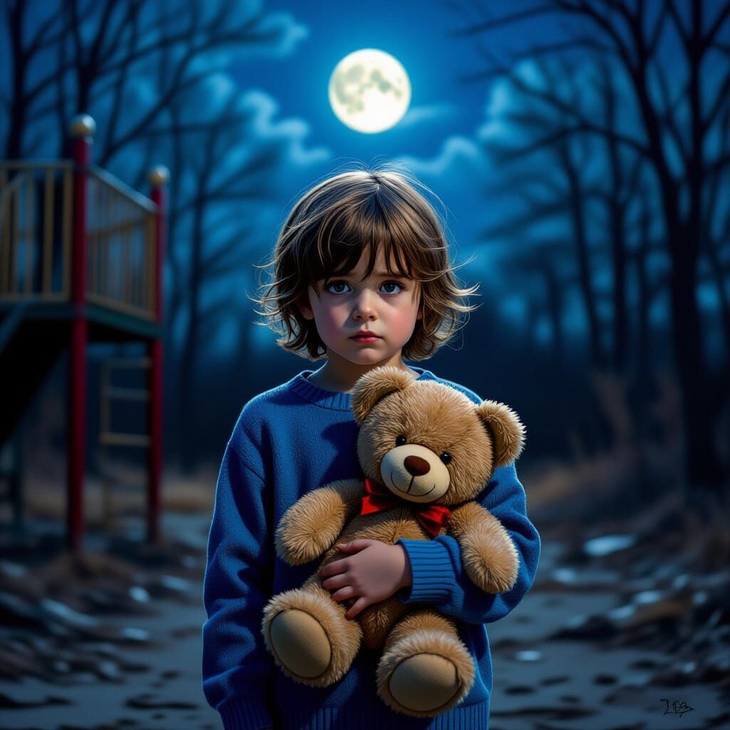 Scared Child with Teddy Bear in Abandoned Playground at Nigh...