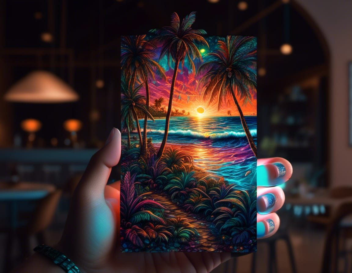 Tropical Beach Sunset in Holographic Astral Style