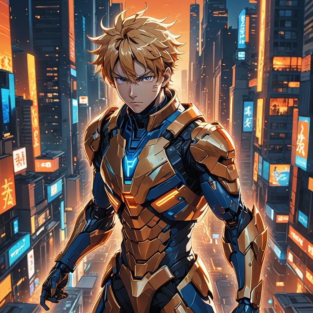 Anime Hero in Futuristic Cityscape, Studio Trigger Style