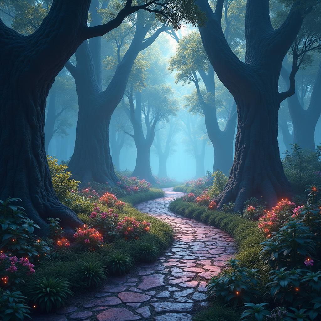 Enchanted Forest Pathway with Glowing Plants