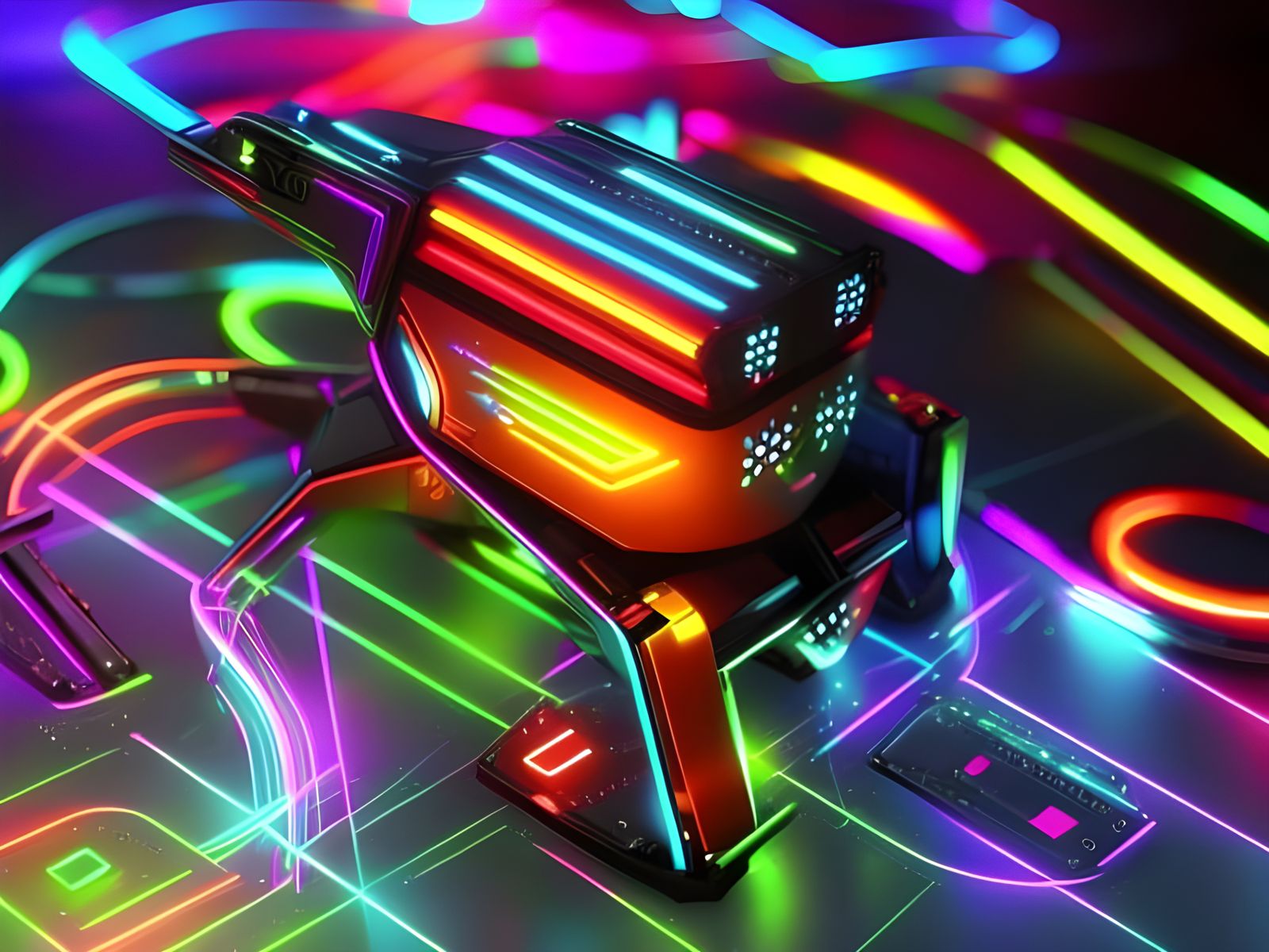 Cute Cyberpunk Robotic Pet in Neon Rainbow Colors