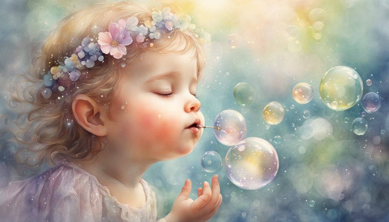 Baby Fairy Blowing Bubbles in Watercolour Style