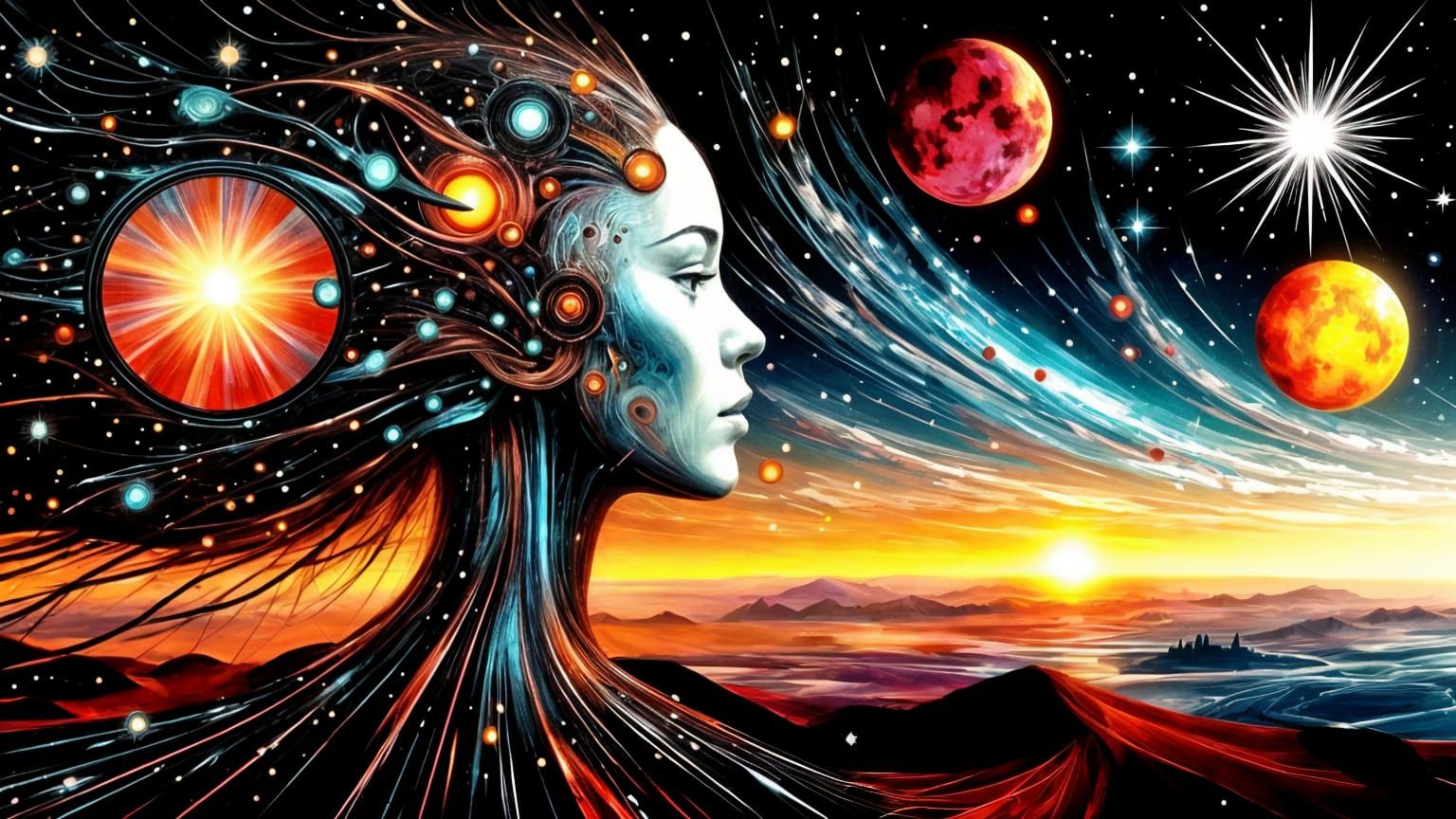 Double Exposure Princess in Surreal Galaxy Landscape