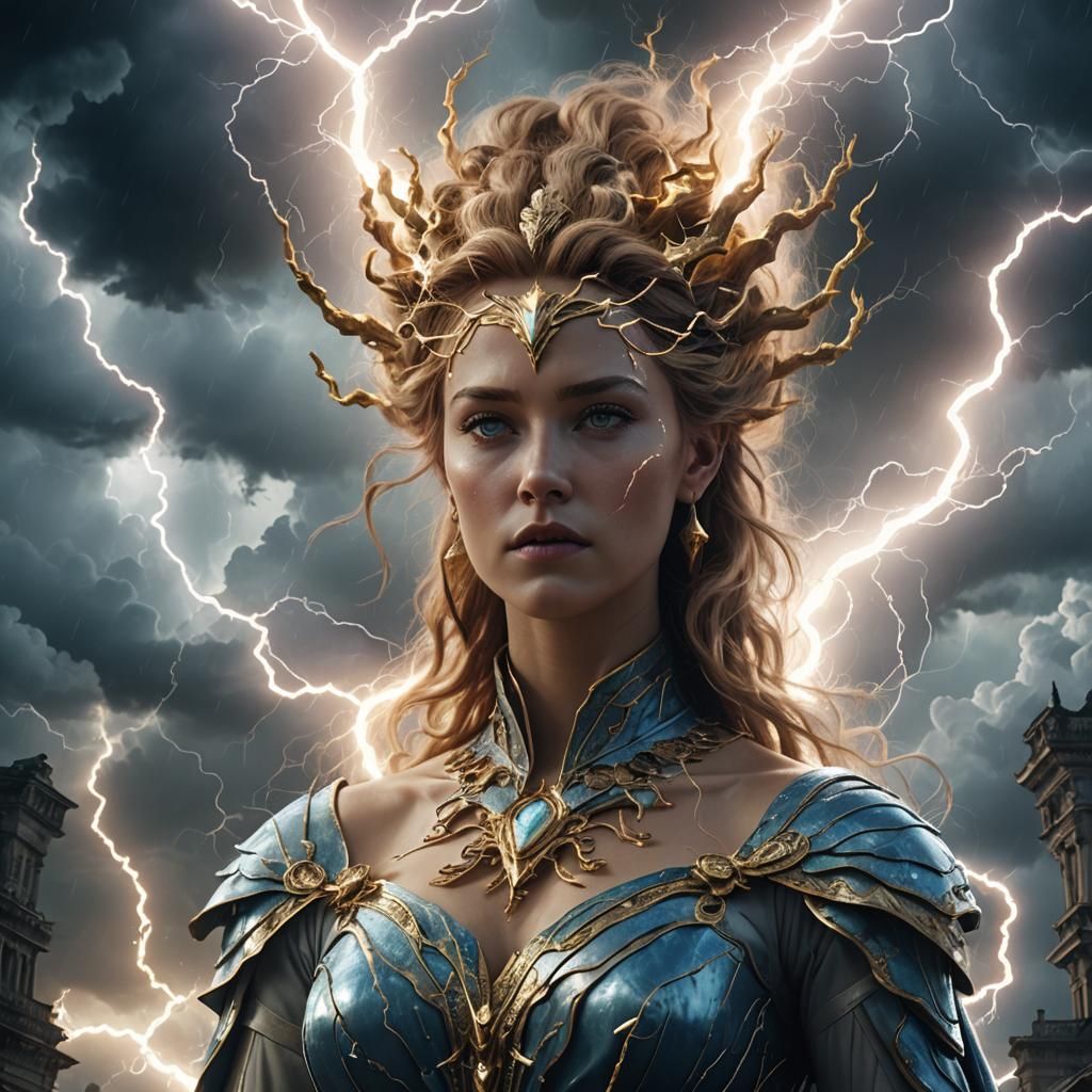 Hera Goddess Blends with Lightning Storm in a 3D Optical Ill...