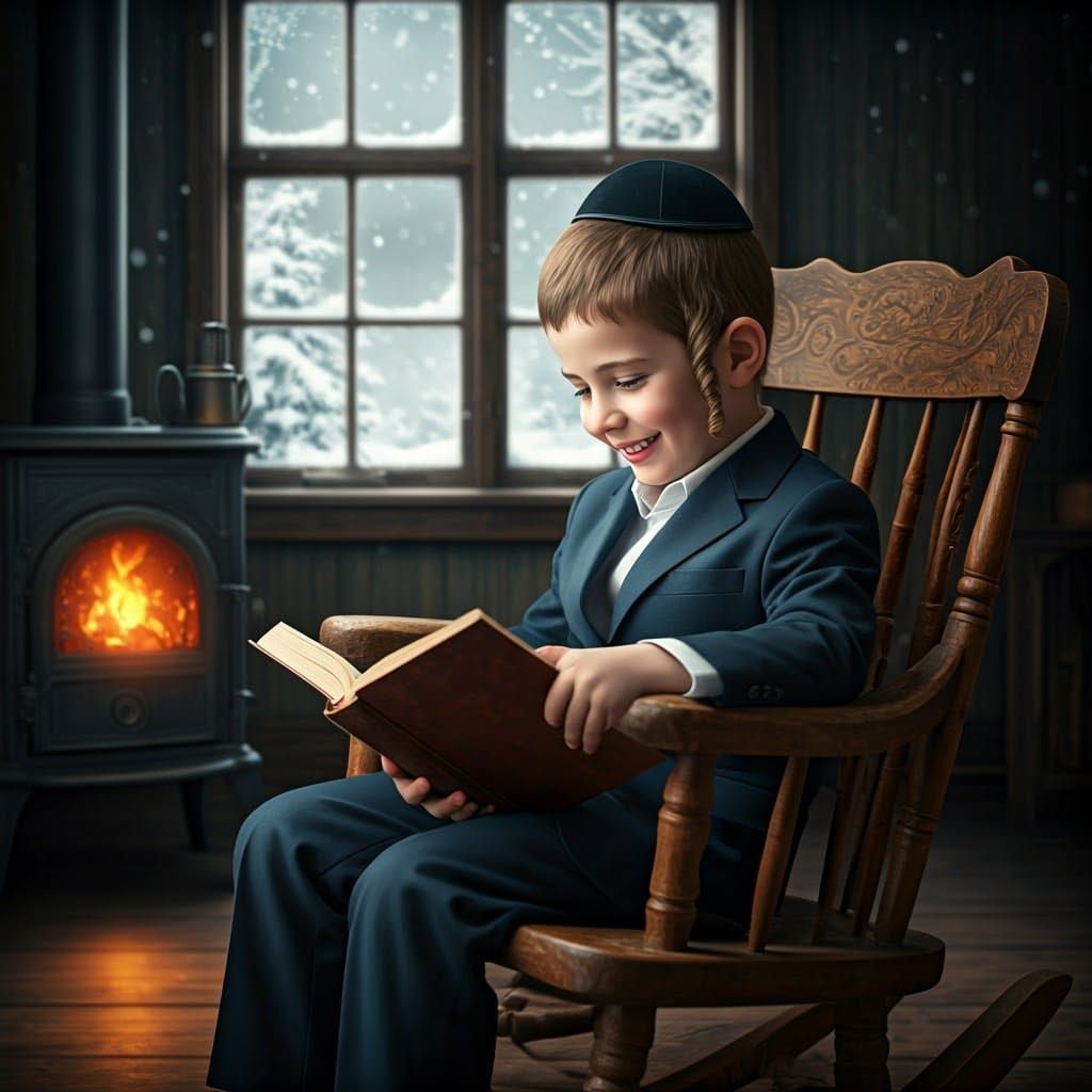 Young Haredi Hasidic Boy Reads in Cozy Winter Scene