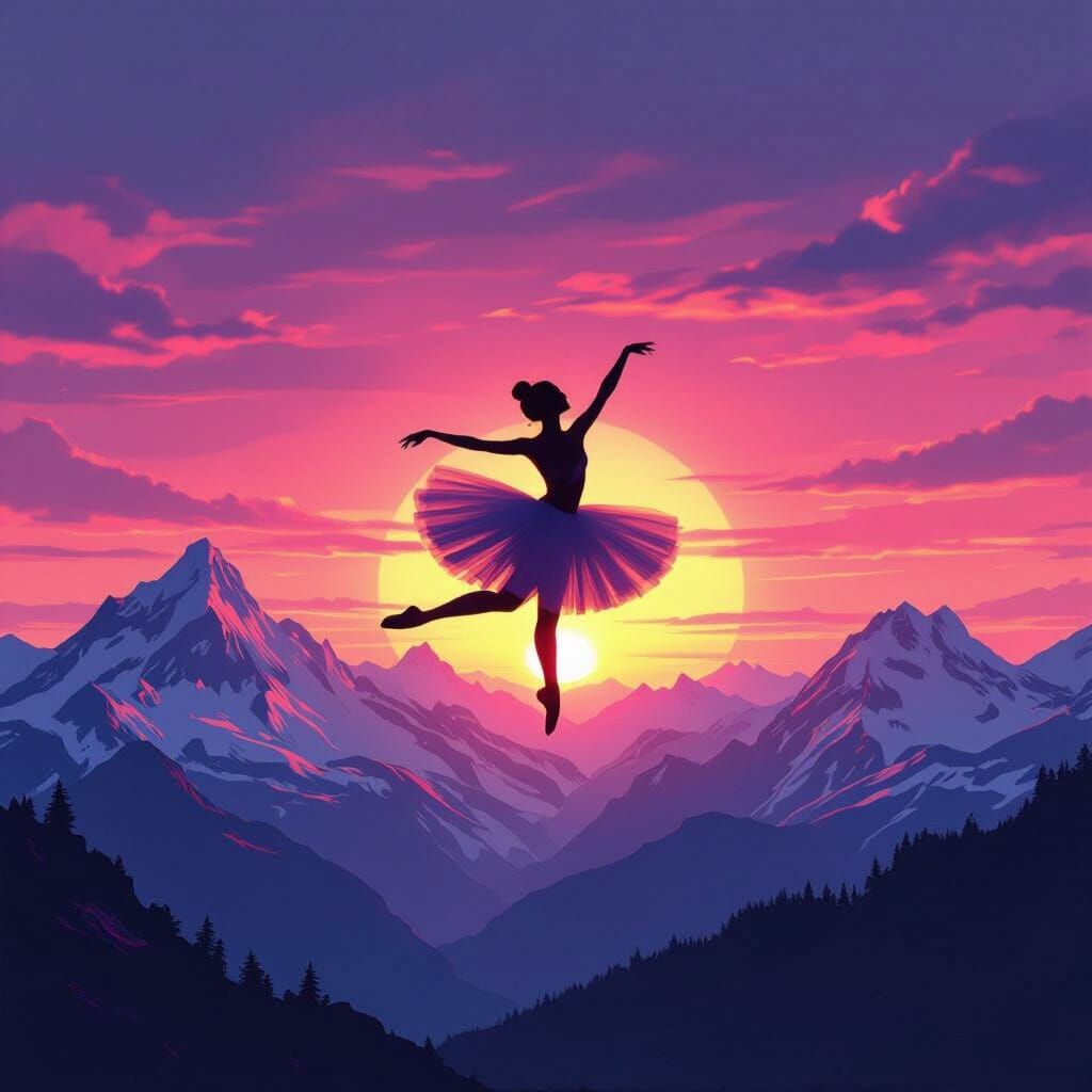 Ballerina Silhouette Over Snowy Mountains at Sunset