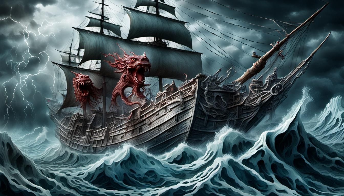 Sea Monster Attacks Ships in Bas-Relief Style