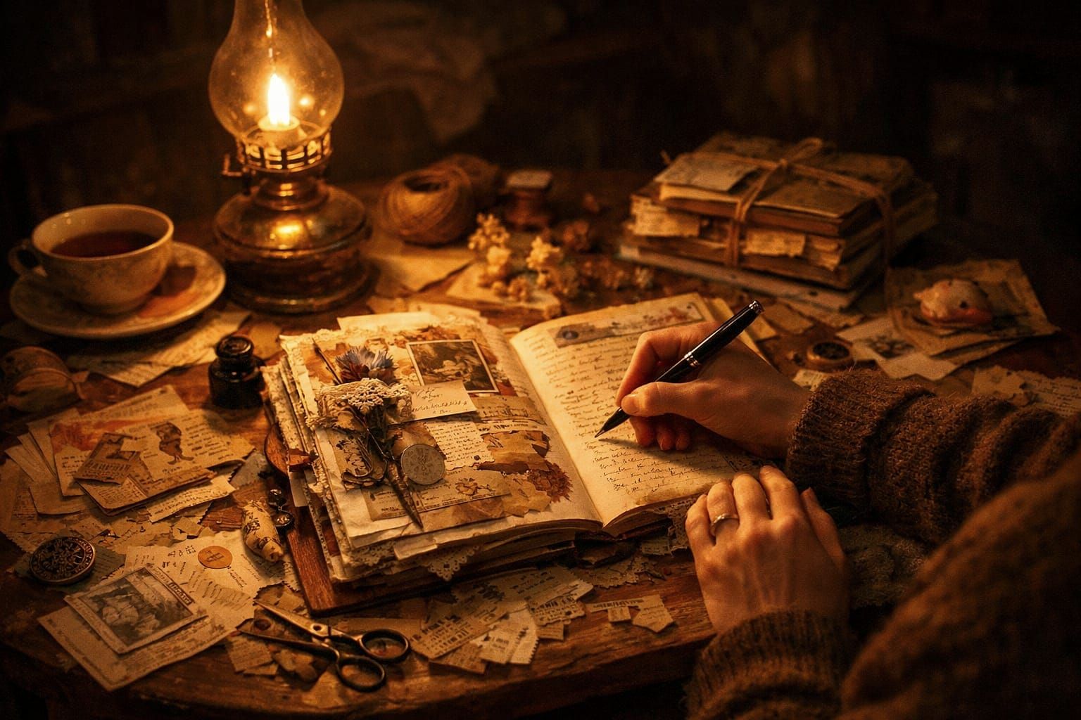 Person Junk Journalling by Lamplight