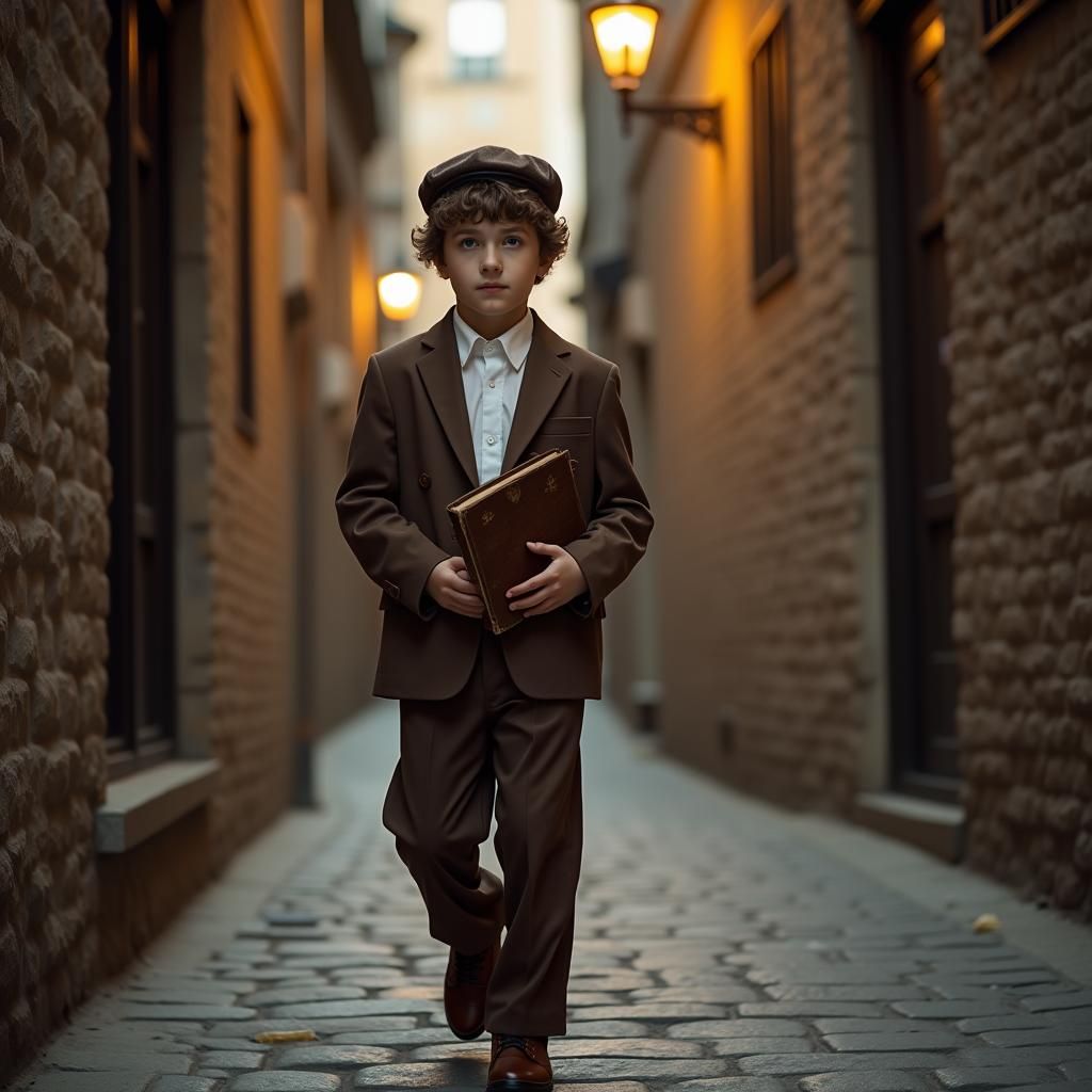 Contemplative Boy in Film Noir Alleyway