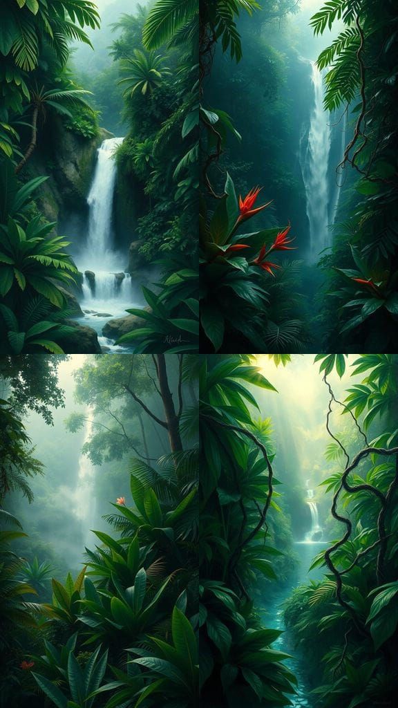 Tropical Jungle Scene in Muted Greens, with a Waterfall in t...