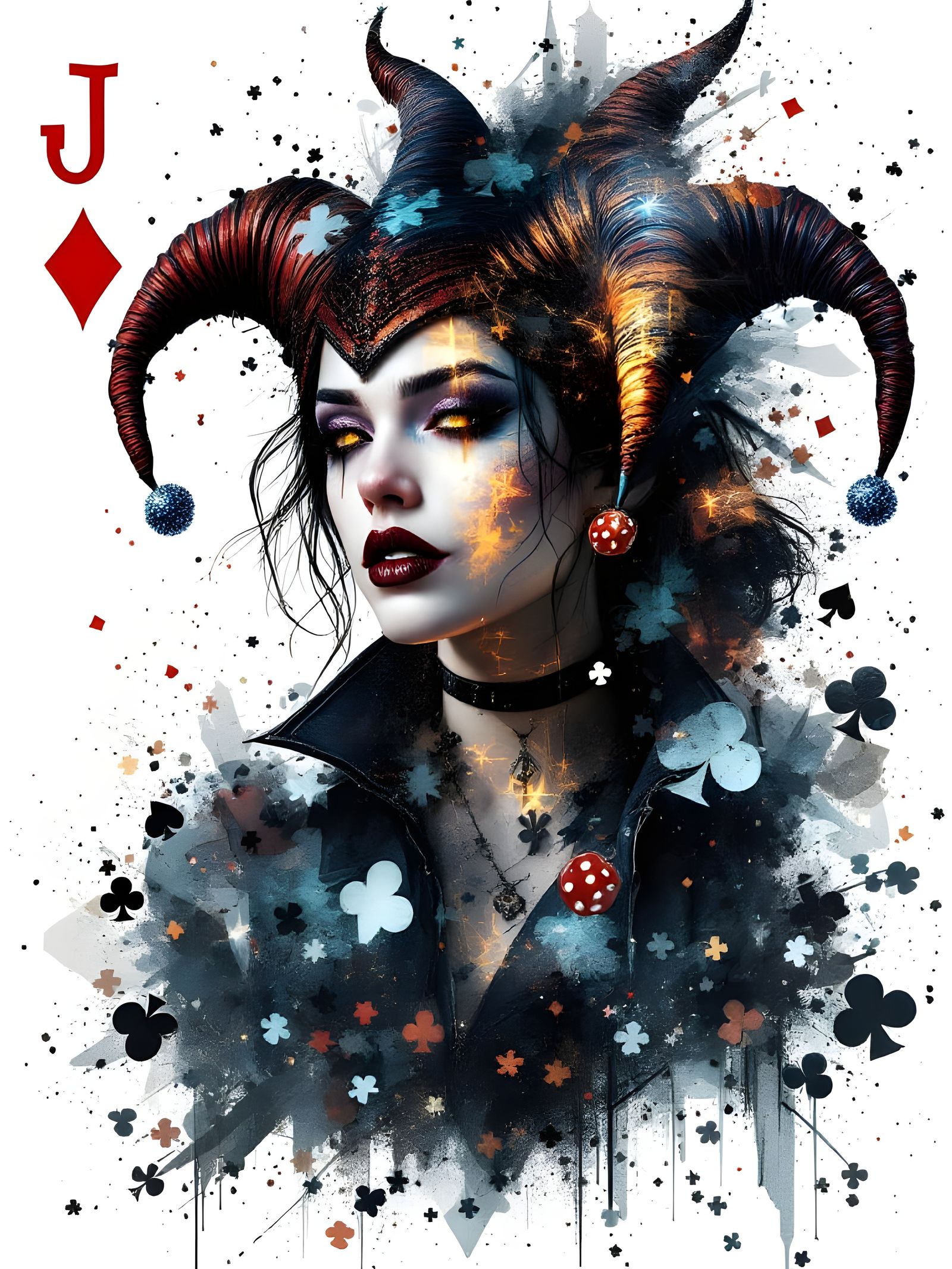 Glamorous Jester Girl in Cyberpunk Card Suit Attire