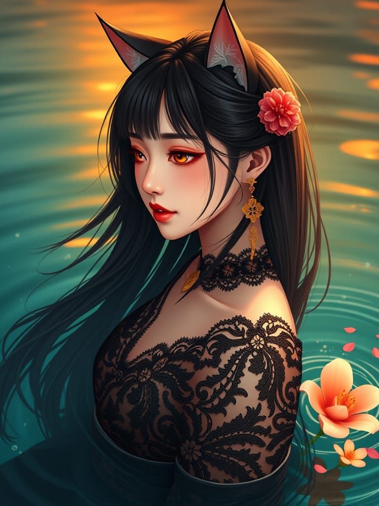 Anime-Style Portrait of Woman with Cat Ears