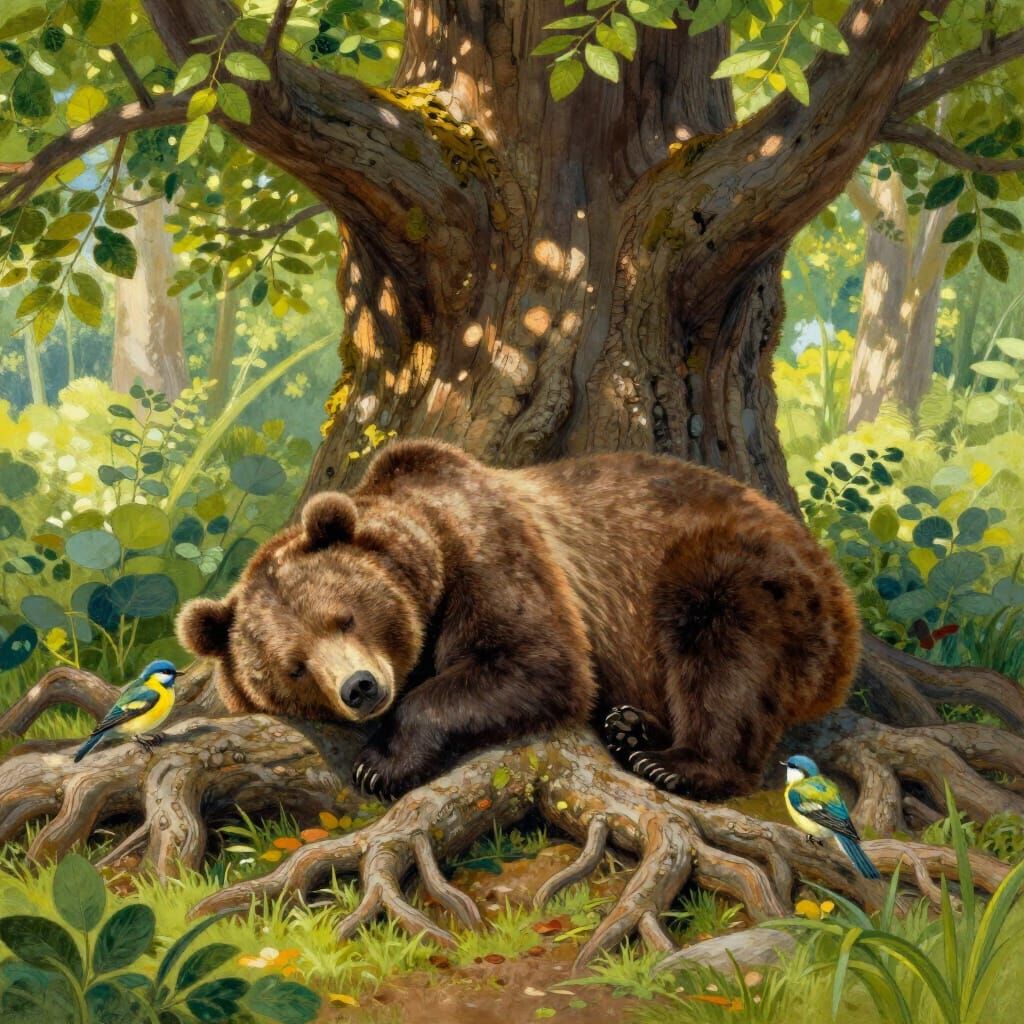 Bear Sleeps Under Ancient Tree With Bird Perched
