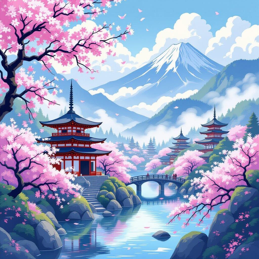 Japanese Landscape with Cherry Blossoms in Whimsical Style